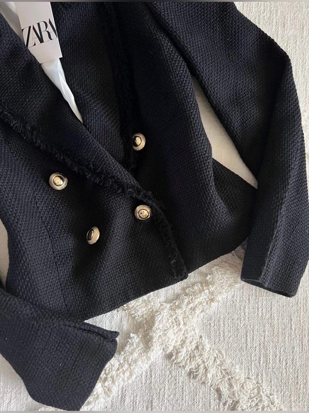 Zara Black Double-Breasted Frayed-Trim Blazer with Gold Buttons - Picture 2 of 6